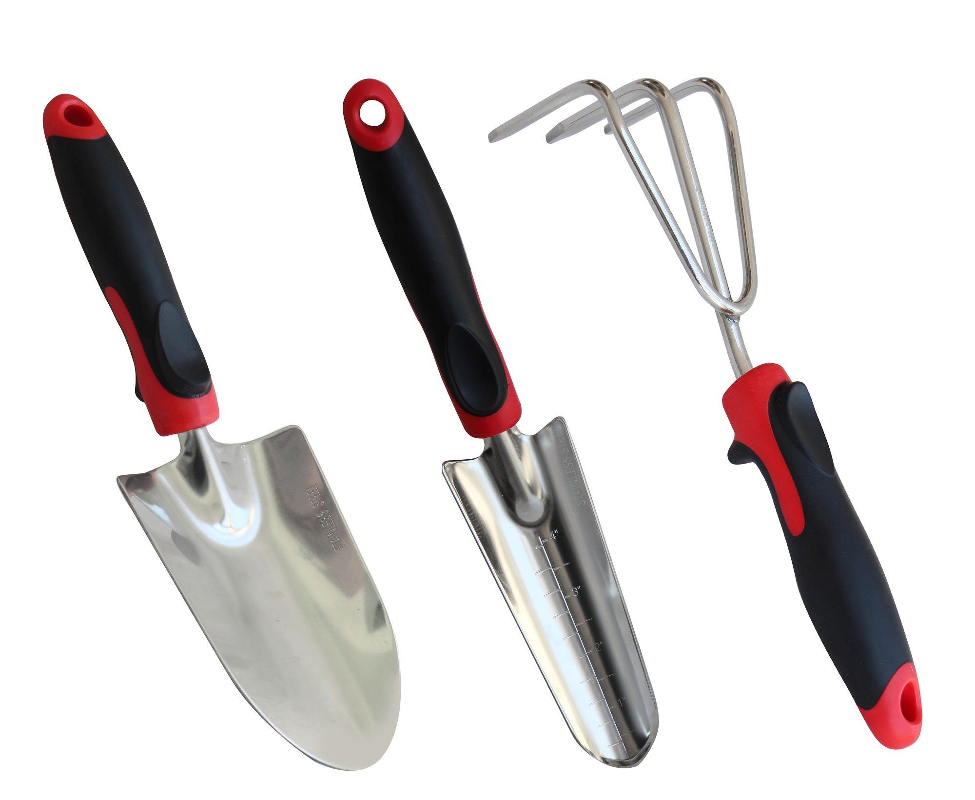 TABOR TOOLS 3-Piece Garden Tool Set (Hand Trowel for Digging , Cultivator  Hand Rake, and Transplanter with Gradation Marks ), image size:2000x1641